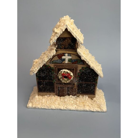 Handcrafted Other - Hand-Carved Christmas Church Decoration With Snowy Roof & Wreath Signed Joyce